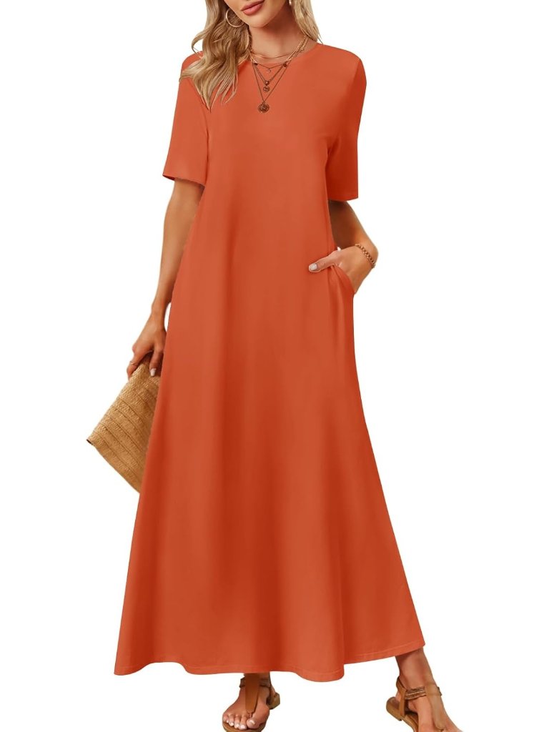 Women's Brickred Summer Casual Maxi Dress Vacation Crew Neck Short Sleeve Dress